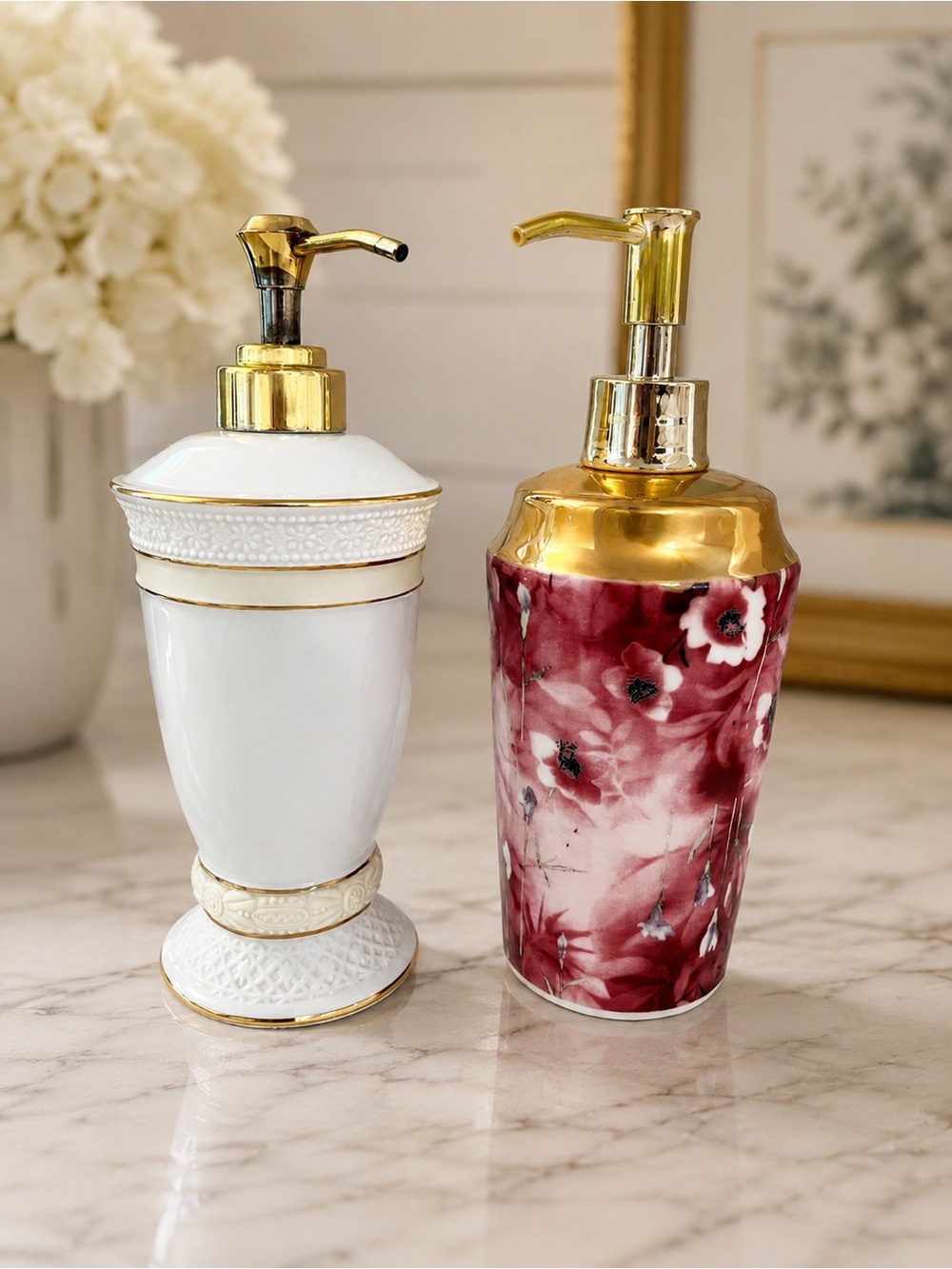 Ceramic Soap Lotion Dispensers – Set of 2 – Gold Trim Bathroom Decor